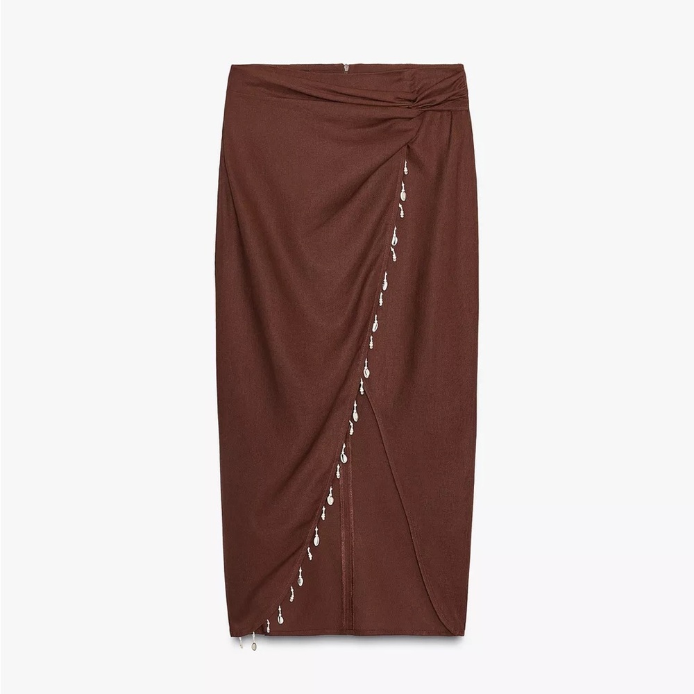 NWT Zara Brown Linen Midi Skirt with Beaded Shell Detail